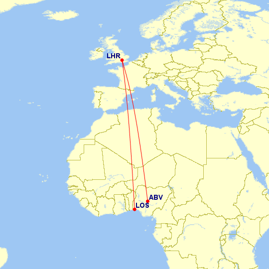 Route map between London and Nigeria