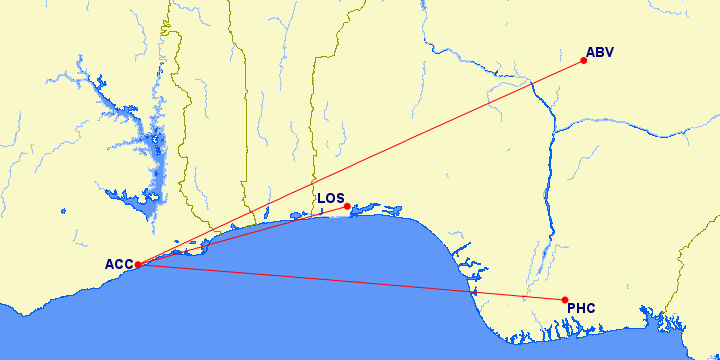 Shortest flight paths to Ghana